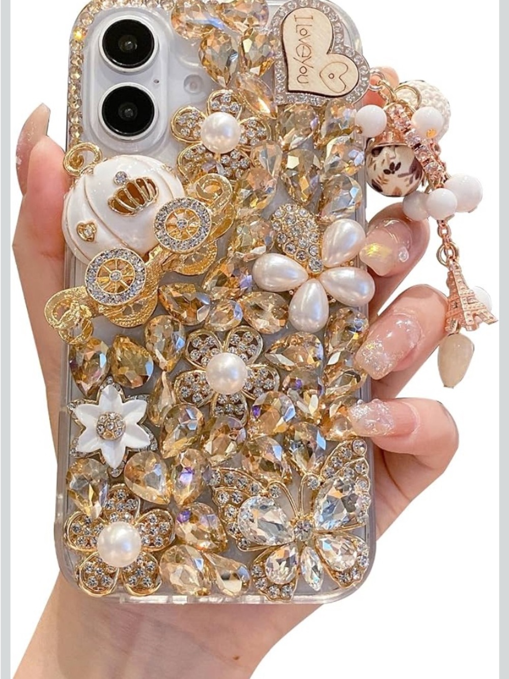 iFiLOVE for iPhone 13 14 Bling Diamond Butterfly Flower Case (Champagne)
